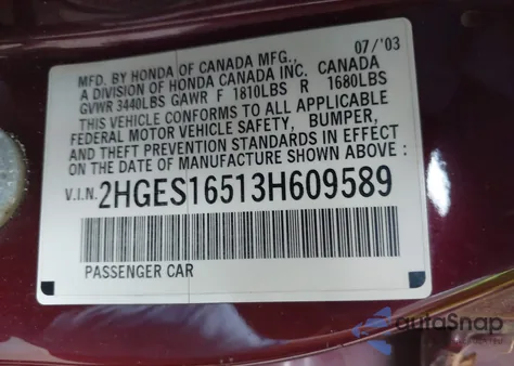 2003 Honda Civic Lx from USA, damaged, VIN 2HGES16513H609589